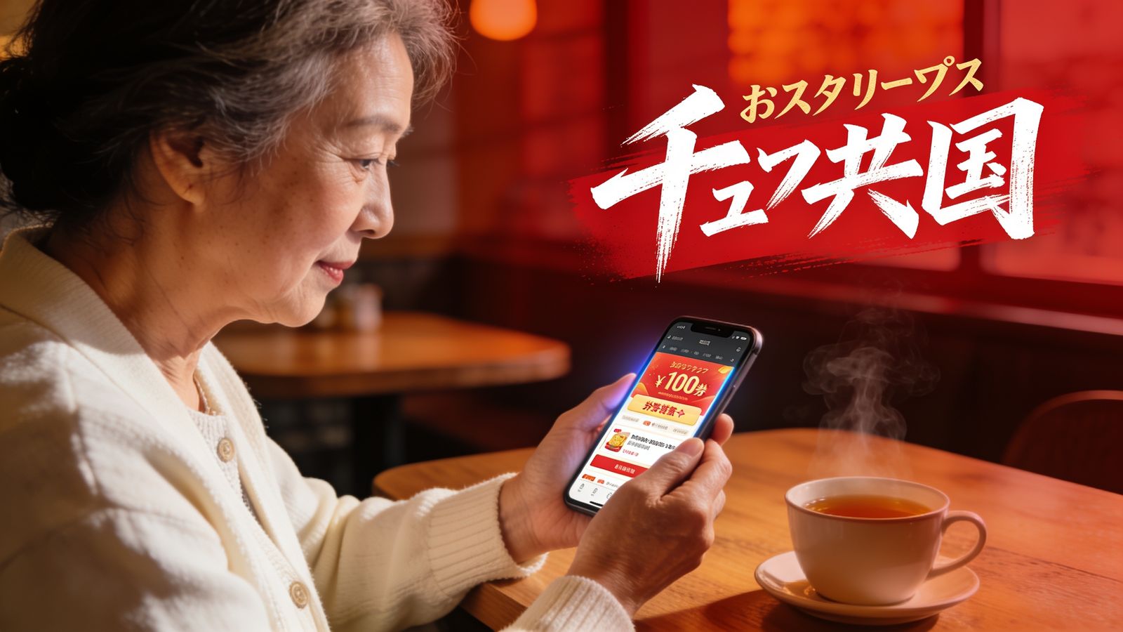 シニア世代の女性がスマートフォンでクーポンを確認している様子